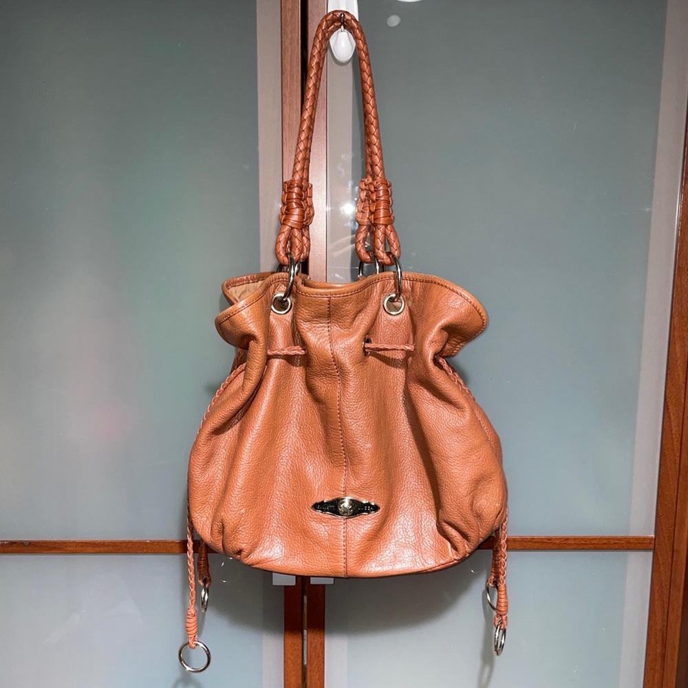 ELLIOTT LUCCA Brown Pebbled Leather Hobo Bucket Drawstring Shoulder Handbag